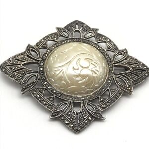 Vintage 925 Sterling Silver Large Marcasite Ornate Statement Brooch Pin